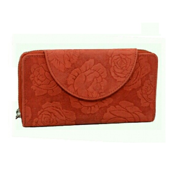 Womens RFID Blocking Embossed Floral Real Distressed Hunter Leather Purse 5570 (Red)